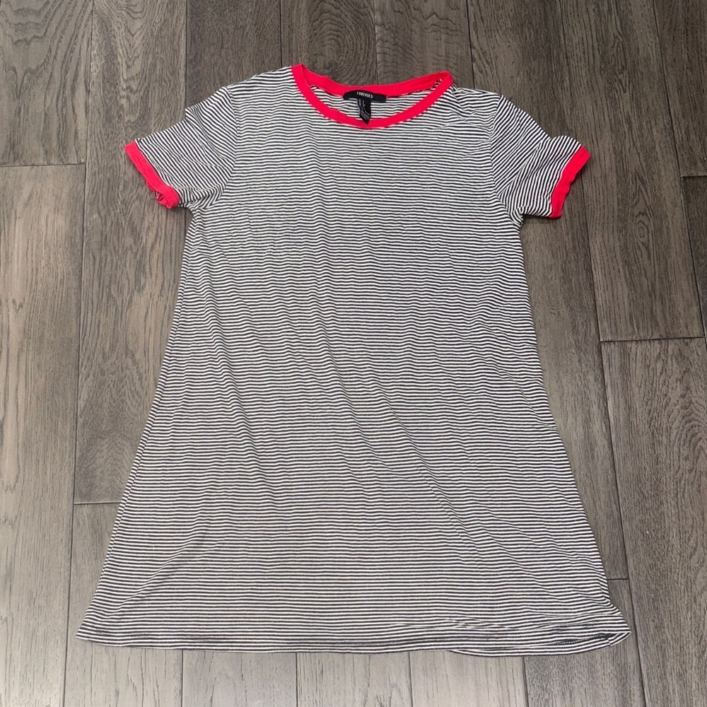 Short sleeve Striped pajama short Dress with Red trim